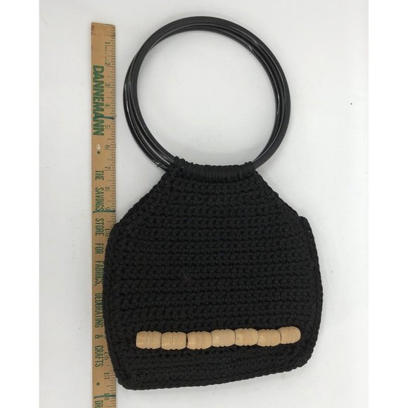VTG 70s Black Macrame Purse Bag Round Handles Wood Beads Boho Handmade Retro - Picture 6 of 11